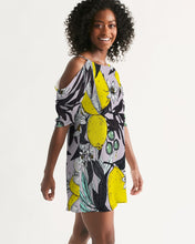 Load image into Gallery viewer, SMF Purple Olives Feminine Open Shoulder A-Line Dress