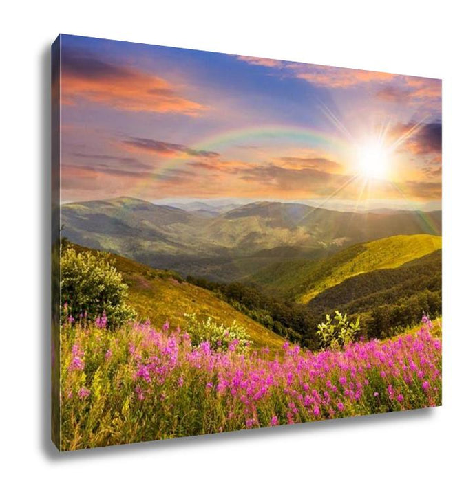 Gallery Wrapped Canvas, Wild Flowers On The Mountain Top At Sunset