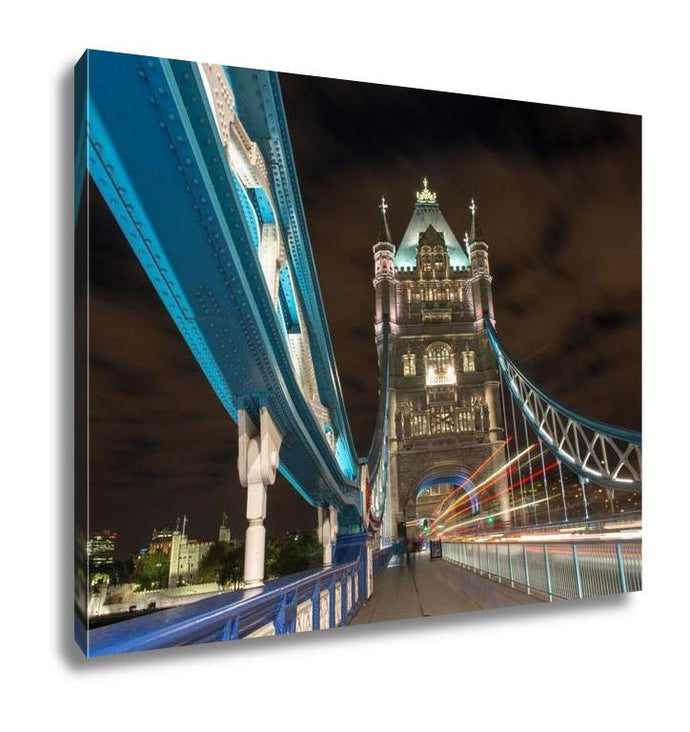 Gallery Wrapped Canvas, Detail Of Tower Bridge In London At Night With Car Light Trail